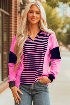 Pink Stripe V-Neck Loose Fit Long Sleeve Top - S - Tops/Long Tops