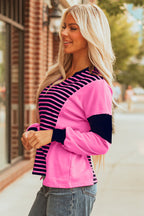 Pink Stripe V-Neck Loose Fit Long Sleeve Top - Tops/Long Tops