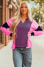 Pink Stripe V-Neck Loose Fit Long Sleeve Top - Tops/Long Tops