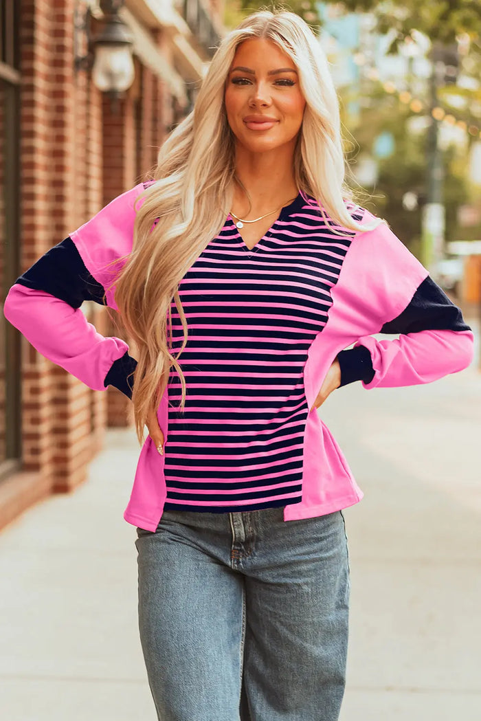 Pink Stripe V-Neck Loose Fit Long Sleeve Top - Tops/Long Tops