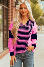 Pink Stripe V-Neck Loose Fit Long Sleeve Top - Tops/Long Tops