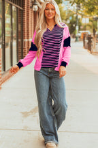 Pink Stripe V-Neck Loose Fit Long Sleeve Top - Tops/Long Tops