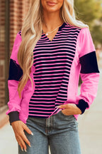 Pink Stripe V-Neck Loose Fit Long Sleeve Top - Tops/Long Tops