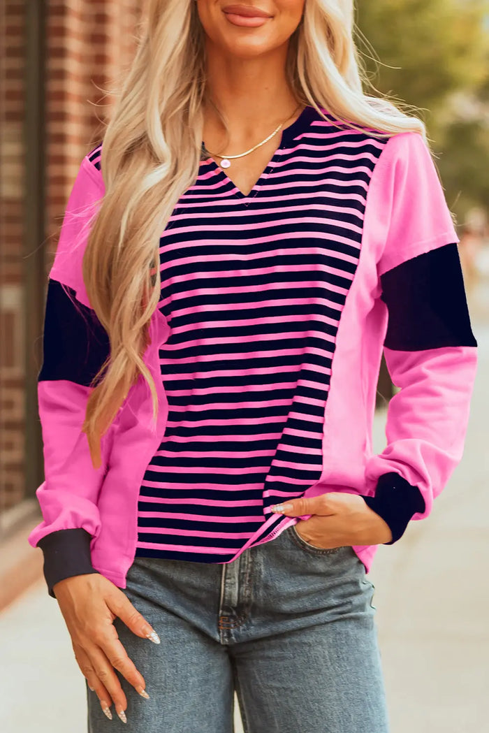 Pink Stripe V-Neck Loose Fit Long Sleeve Top - Tops/Long Tops