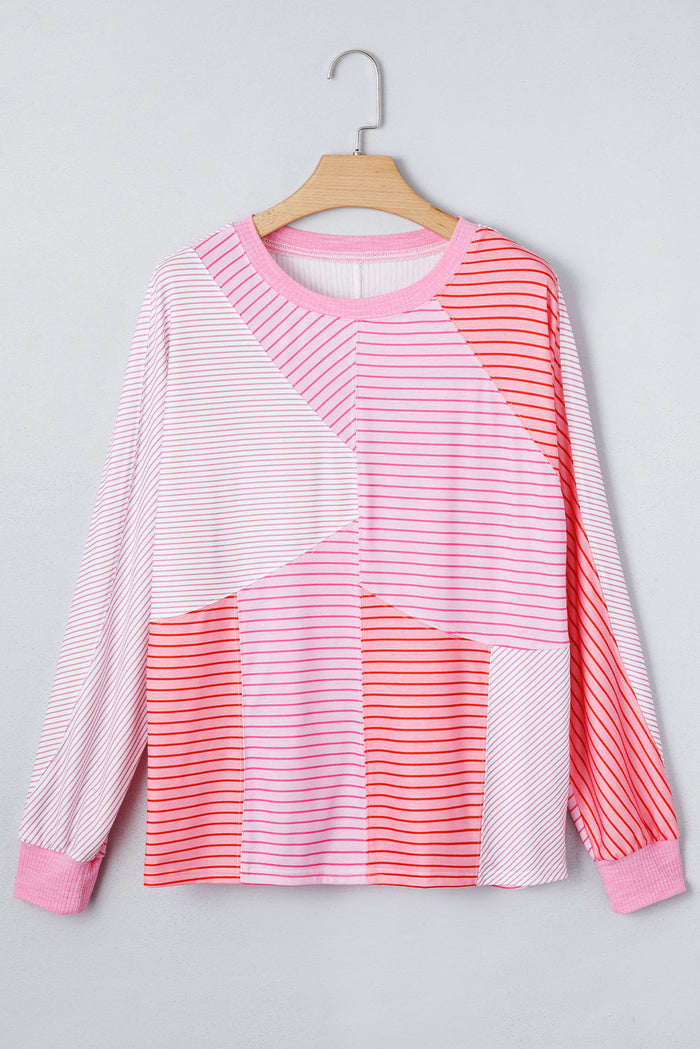 Pink Striped Exposed Seam Casual Long Sleeve Top - Tops/Long Tops