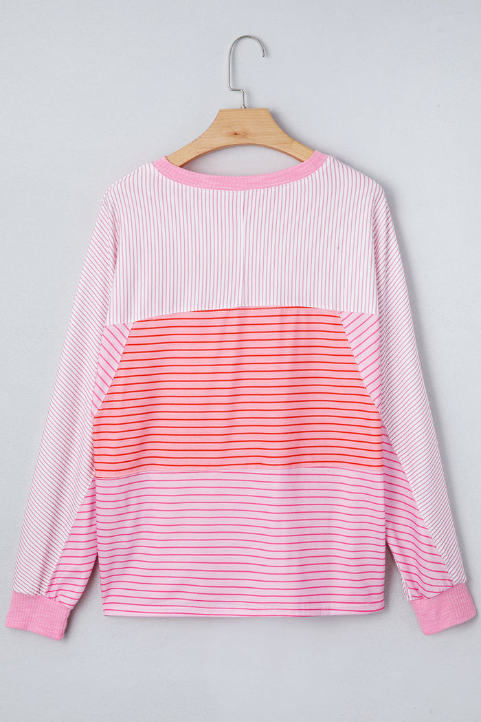 Pink Striped Exposed Seam Casual Long Sleeve Top - Tops/Long Tops