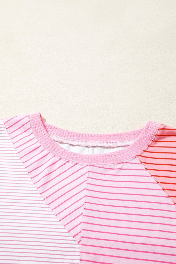 Pink Striped Exposed Seam Casual Long Sleeve Top - Tops/Long Tops