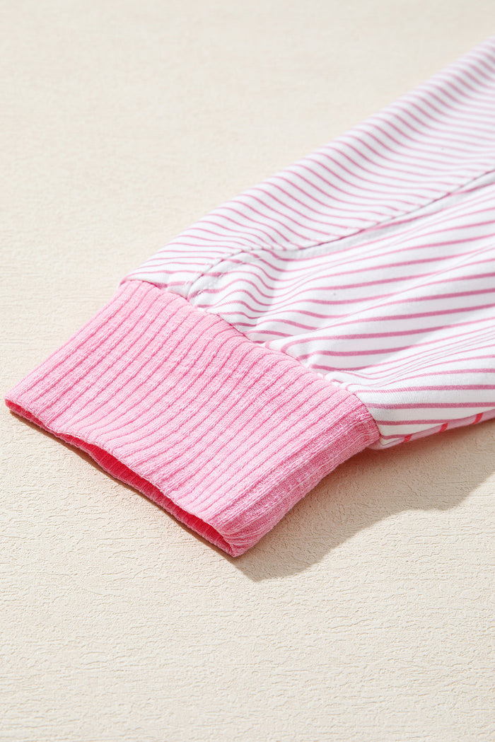 Pink Striped Exposed Seam Casual Long Sleeve Top - Tops/Long Tops