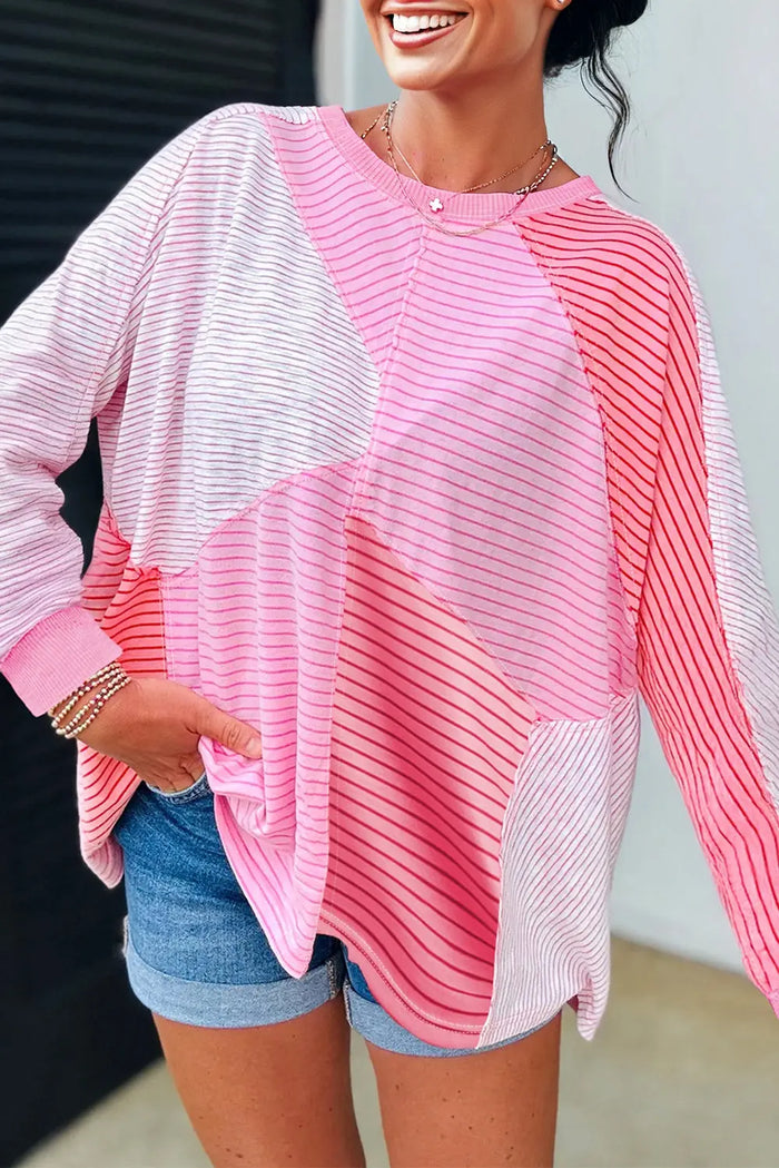 Pink Striped Exposed Seam Casual Long Sleeve Top - S - Tops/Long Tops