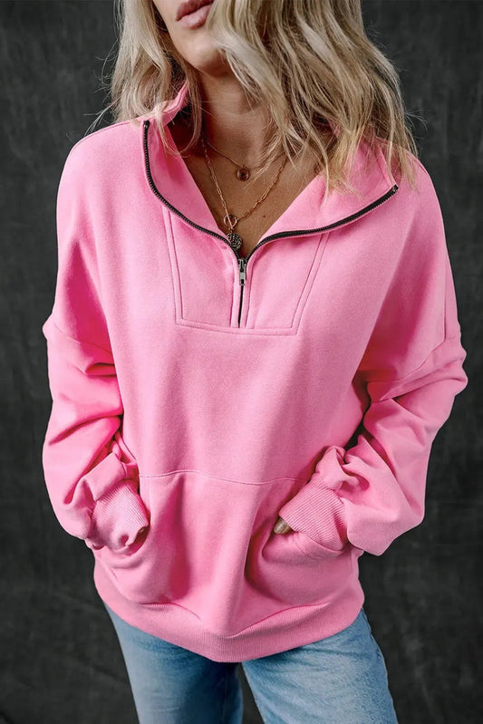 Shop Pink Zip-up Stand Neck Kangaroo Pocket Sweatshirt at eAura
