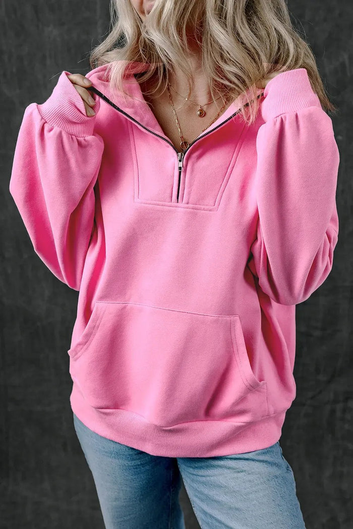 Shop Pink Zip-up Stand Neck Kangaroo Pocket Sweatshirt at eAura