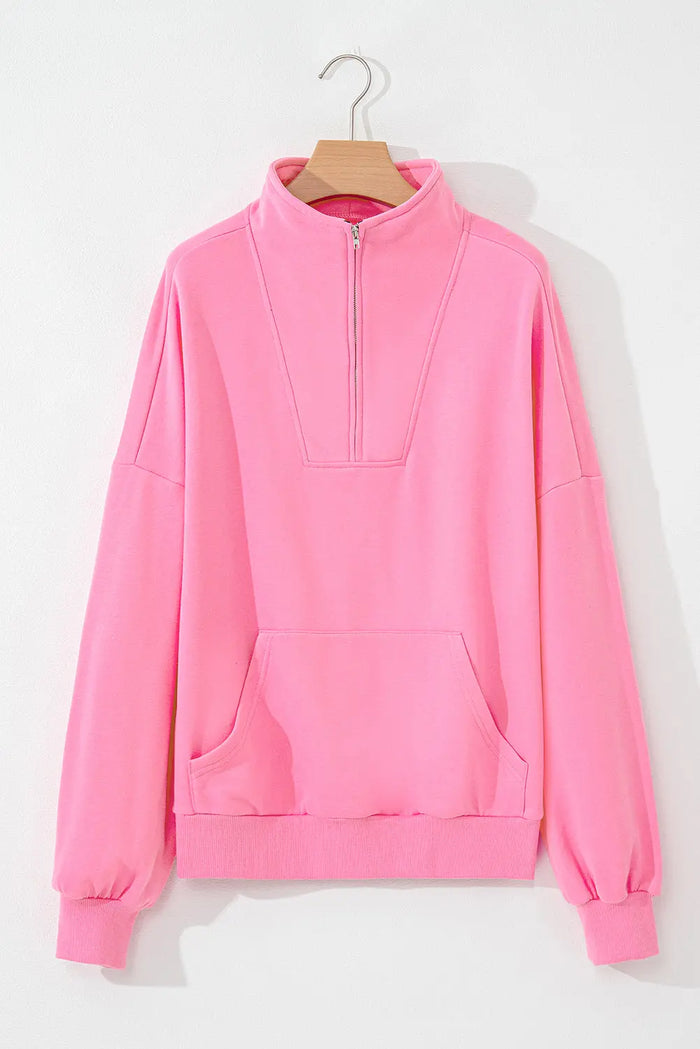 Shop Pink Zip-up Stand Neck Kangaroo Pocket Sweatshirt at eAura