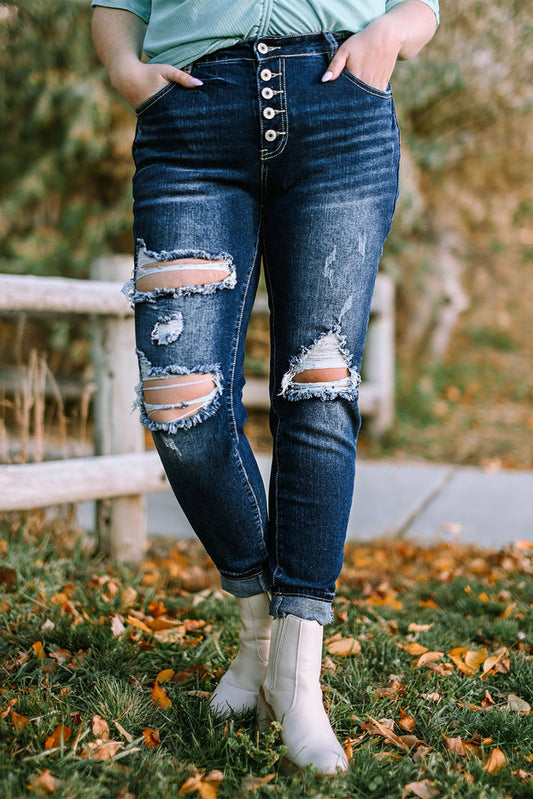 Plus Size Button Fly Distressed Jeans - Madikfashions.com