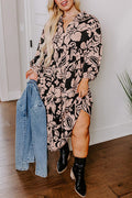Black Plus Size Floral Printed Puff Sleeve Collared Maxi Dress - BLACK / 1X / 100% POLYESTER - Size/Plus Dresses/Plus