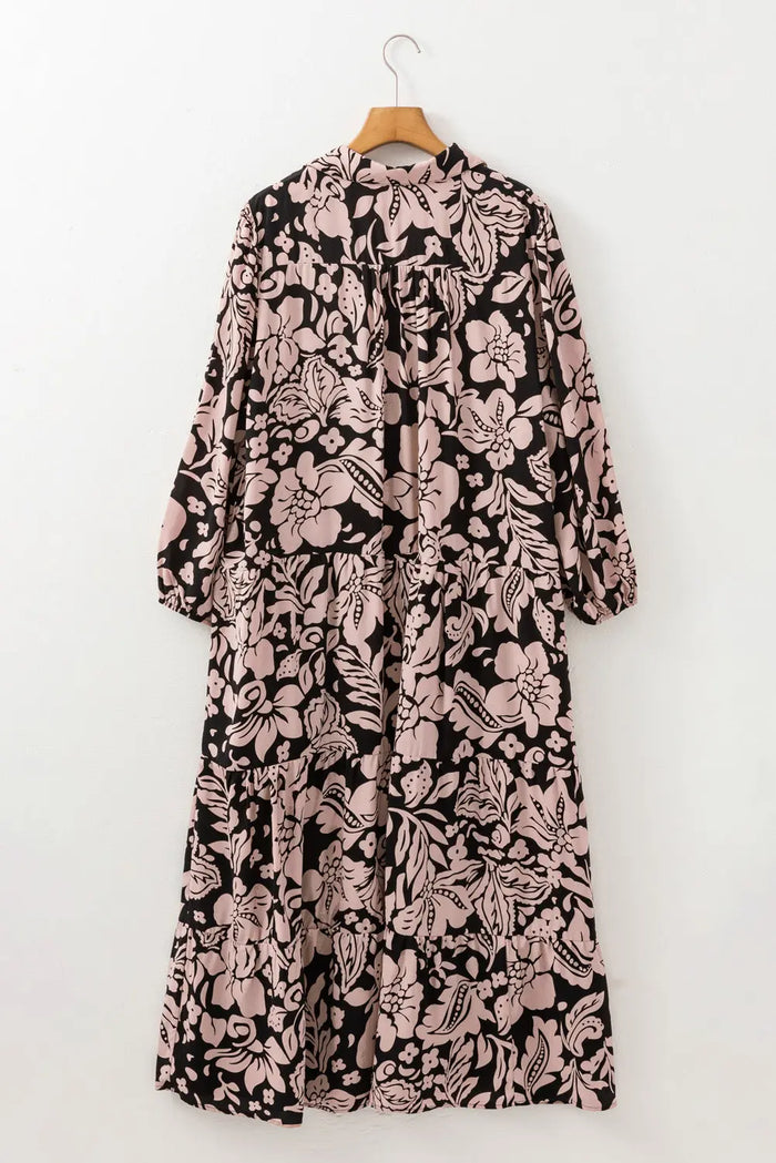 Black Plus Size Floral Printed Puff Sleeve Collared Maxi Dress - Size/Plus Dresses/Plus Dresses