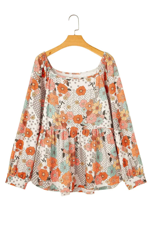 Shop Plus Size Flower Print Square Neck Peplum Blouse at eAura
