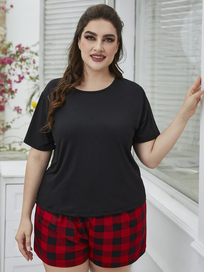 Plus Size Round Neck Tee Shirt and Plaid Shorts Lounge Set - Madikfashions.com
