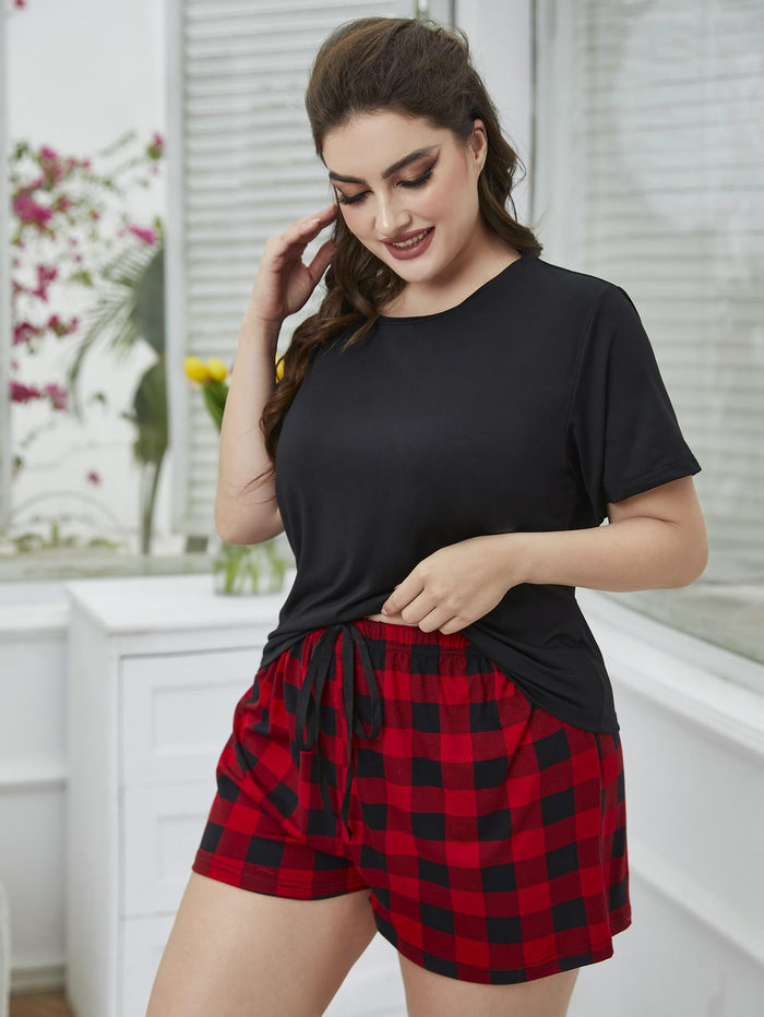 Plus Size Round Neck Tee Shirt and Plaid Shorts Lounge Set - Madikfashions.com