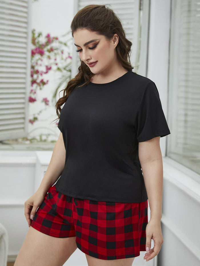 Plus Size Round Neck Tee Shirt and Plaid Shorts Lounge Set - Madikfashions.com