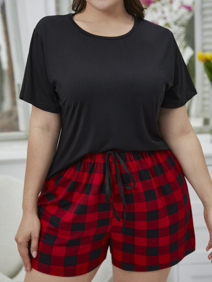 Plus Size Round Neck Tee Shirt and Plaid Shorts Lounge Set - Madikfashions.com