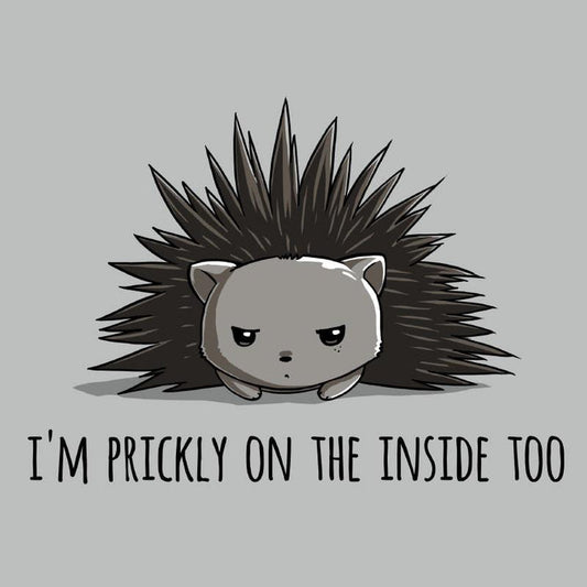 Premium Cotton T-shirt_TeeTurtle Prickly on the Inside silver gray t-shirt featuring a grey porcupine looking slightly annoyed with the text "I'm prickly on the inside too" below in this sarcastic animal design.