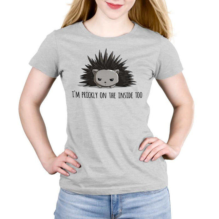 Premium Cotton T-shirt_TeeTurtle Prickly on the Inside silver gray t-shirt featuring a grey porcupine looking slightly annoyed with the text "I'm prickly on the inside too" below in this sarcastic animal design.