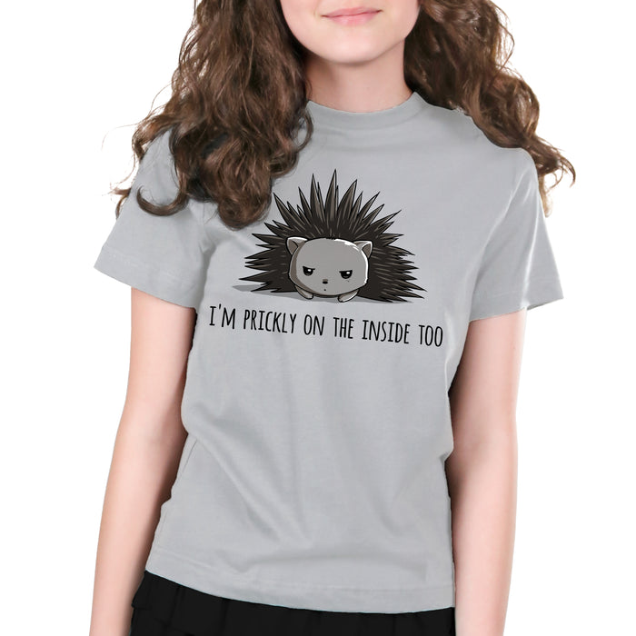 Premium Cotton T-shirt_TeeTurtle Prickly on the Inside silver gray t-shirt featuring a grey porcupine looking slightly annoyed with the text "I'm prickly on the inside too" below in this sarcastic animal design.