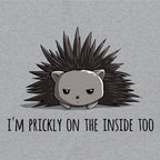 Classic Cotton T-shirt_TeeTurtle Prickly on the Inside heather gray t-shirt featuring a grey porcupine looking slightly annoyed with the text "I'm prickly on the inside too" below in this sarcastic animal design.