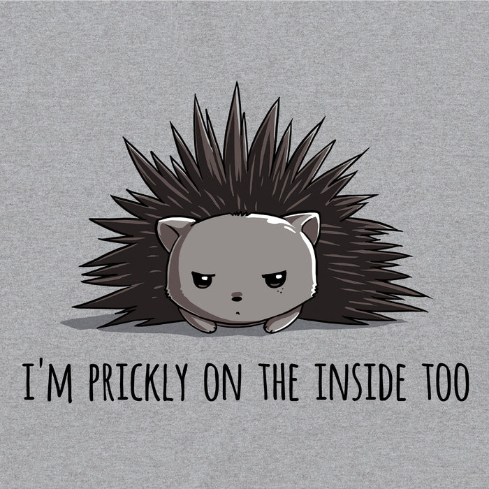 Classic Cotton T-shirt_TeeTurtle Prickly on the Inside heather gray t-shirt featuring a grey porcupine looking slightly annoyed with the text "I'm prickly on the inside too" below in this sarcastic animal design.