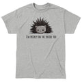 Classic Cotton T-shirt_TeeTurtle Prickly on the Inside heather gray t-shirt featuring a grey porcupine looking slightly annoyed with the text "I'm prickly on the inside too" below in this sarcastic animal design.