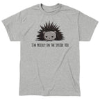 Classic Cotton T-shirt_TeeTurtle Prickly on the Inside heather gray t-shirt featuring a grey porcupine looking slightly annoyed with the text "I'm prickly on the inside too" below in this sarcastic animal design.