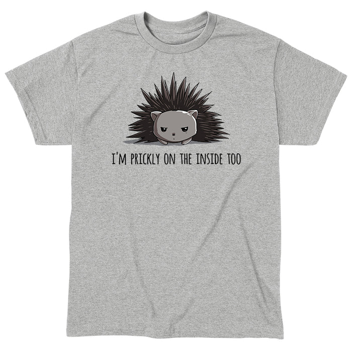 Classic Cotton T-shirt_TeeTurtle Prickly on the Inside heather gray t-shirt featuring a grey porcupine looking slightly annoyed with the text "I'm prickly on the inside too" below in this sarcastic animal design.