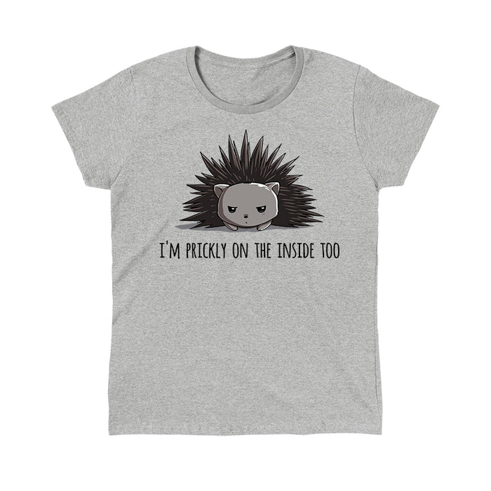 Classic Cotton T-shirt_TeeTurtle Prickly on the Inside heather gray t-shirt featuring a grey porcupine looking slightly annoyed with the text "I'm prickly on the inside too" below in this sarcastic animal design.