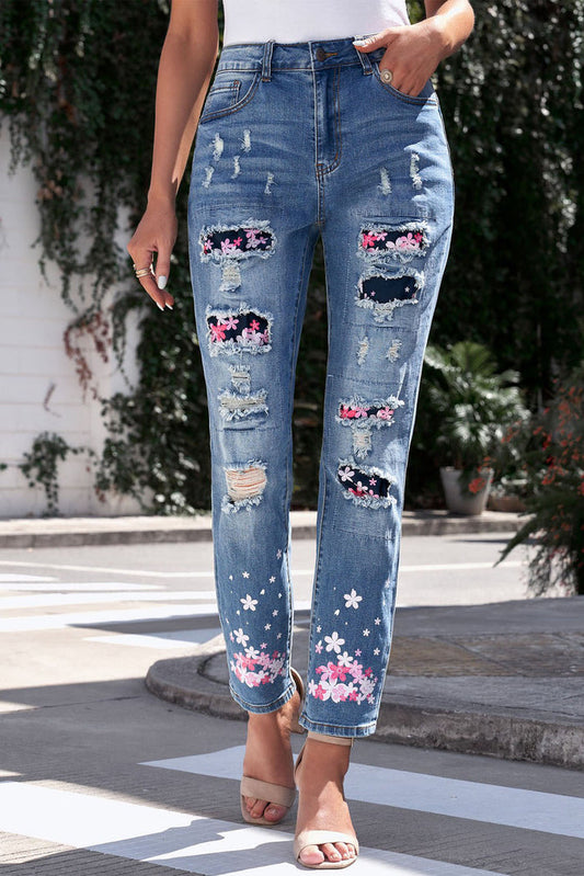 Printed Patch Distressed Boyfriend Jeans - Madikfashions.com