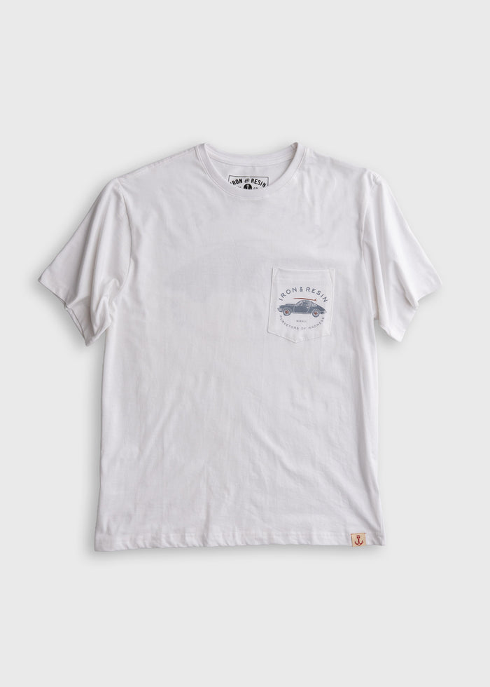 Men’s organic cotton t-shirt in White, with custom graphic print, chest pocket and soft feel, lightweight everyday tee