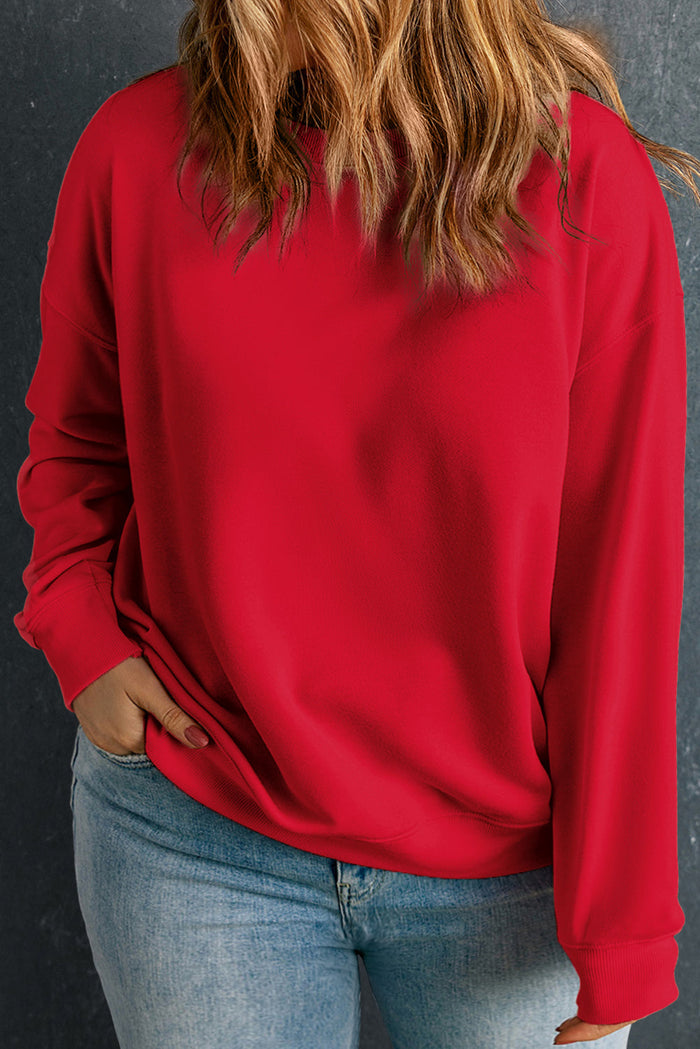 Racing Red Solid Crew Neck Drop Shoulder Plus Size Sweatshirt - RACING RED / 1X - Size/Plus Sweatshirts & Hoodies