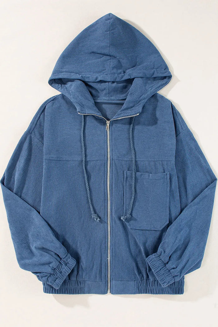 Real Teal Corduroy Drawstring Hooded Pocket Zip Up Jacket - Outerwear/Jackets