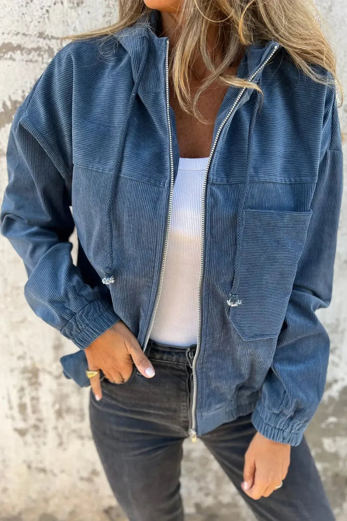 Real Teal Corduroy Drawstring Hooded Pocket Zip Up Jacket - REAL TEAL / S / 100% POLYESTER - Outerwear/Jackets