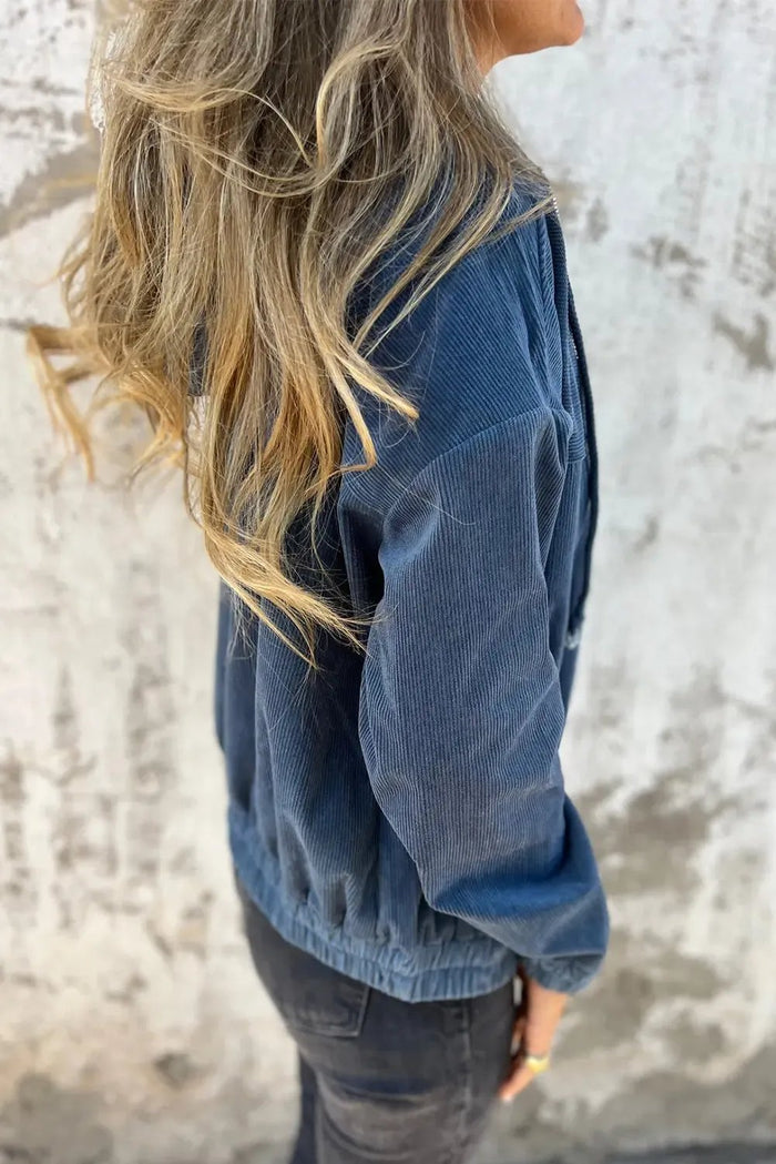 Real Teal Corduroy Drawstring Hooded Pocket Zip Up Jacket - Outerwear/Jackets