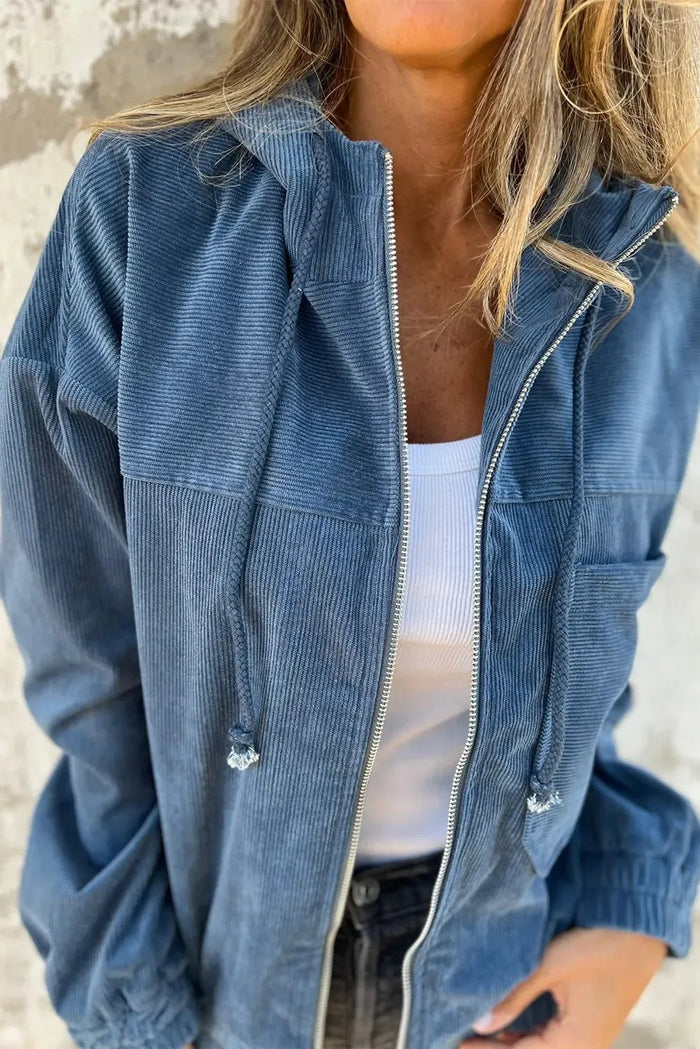 Real Teal Corduroy Drawstring Hooded Pocket Zip Up Jacket - Outerwear/Jackets