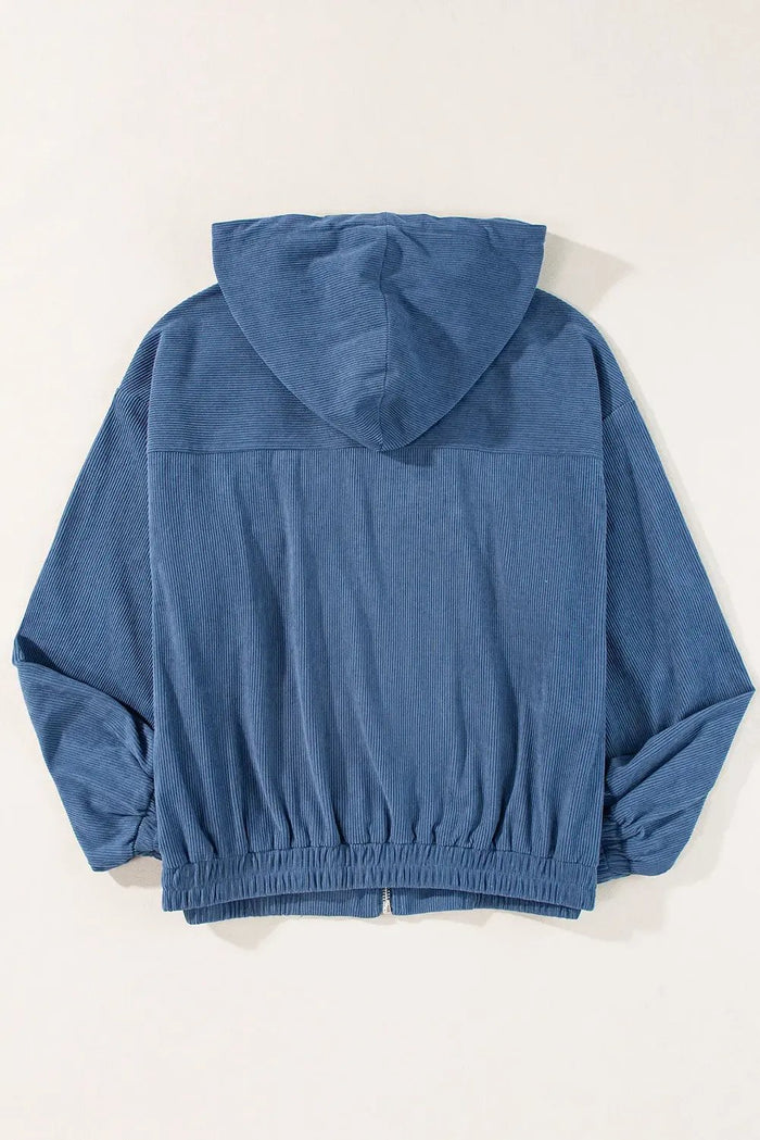 Real Teal Corduroy Drawstring Hooded Pocket Zip Up Jacket - Outerwear/Jackets