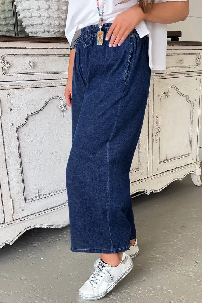 Real Teal Plus Size Drawstring High Waist Wide Leg Casual Jeans - Size/Plus Bottoms