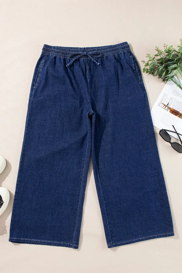 Real Teal Plus Size Drawstring High Waist Wide Leg Casual Jeans - Size/Plus Bottoms