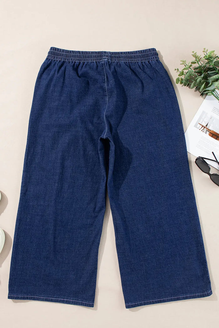 Real Teal Plus Size Drawstring High Waist Wide Leg Casual Jeans - Size/Plus Bottoms