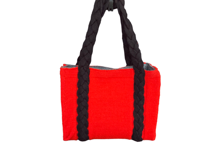 Red & Black - Hand knitted Blended  wool  Bag -Felt  lining Inside - Mojopanda Organic  Store