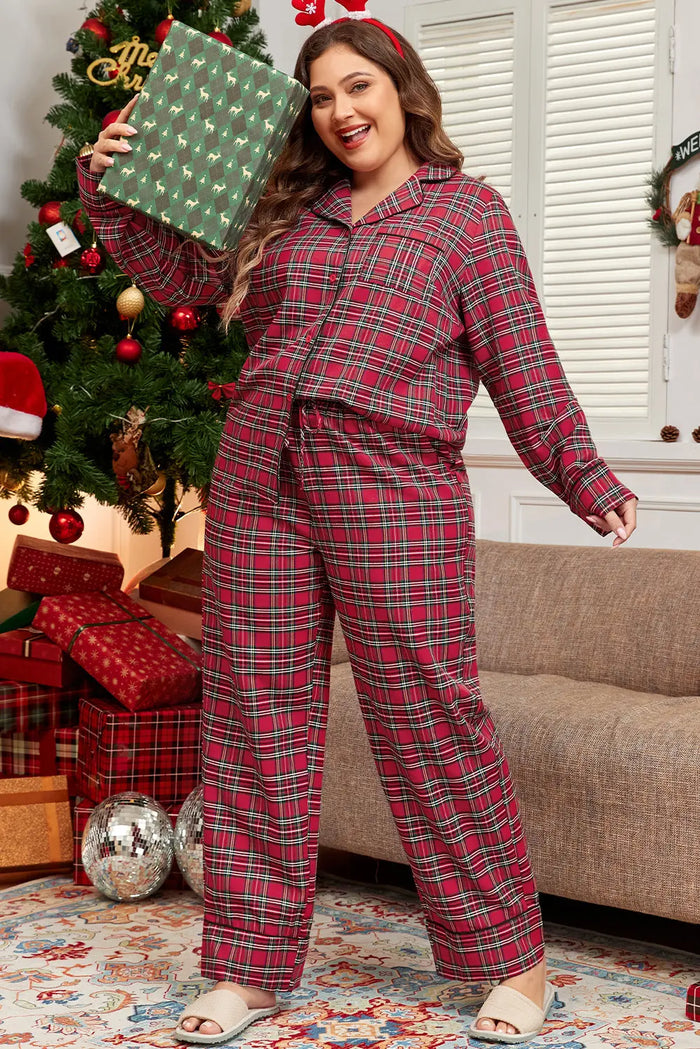 Shop Red Plaid Printed Shirt and Pants Plus Size Lounge Set at eAura