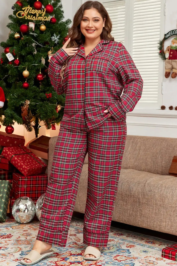 Shop Red Plaid Printed Shirt and Pants Plus Size Lounge Set at eAura