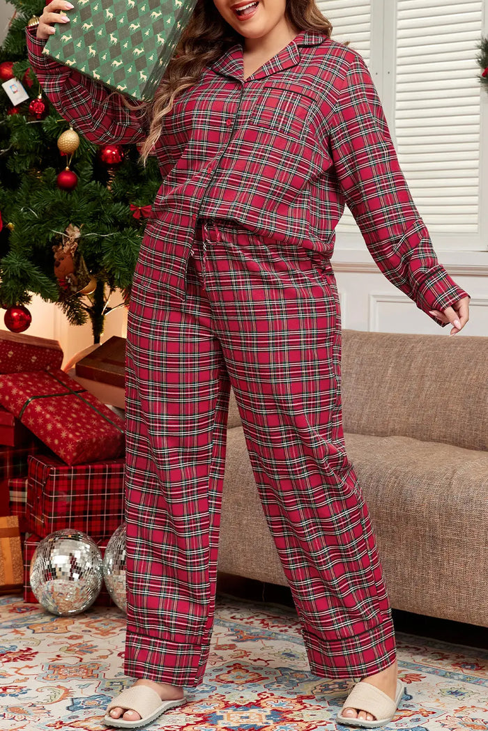 Shop Red Plaid Printed Shirt and Pants Plus Size Lounge Set at eAura