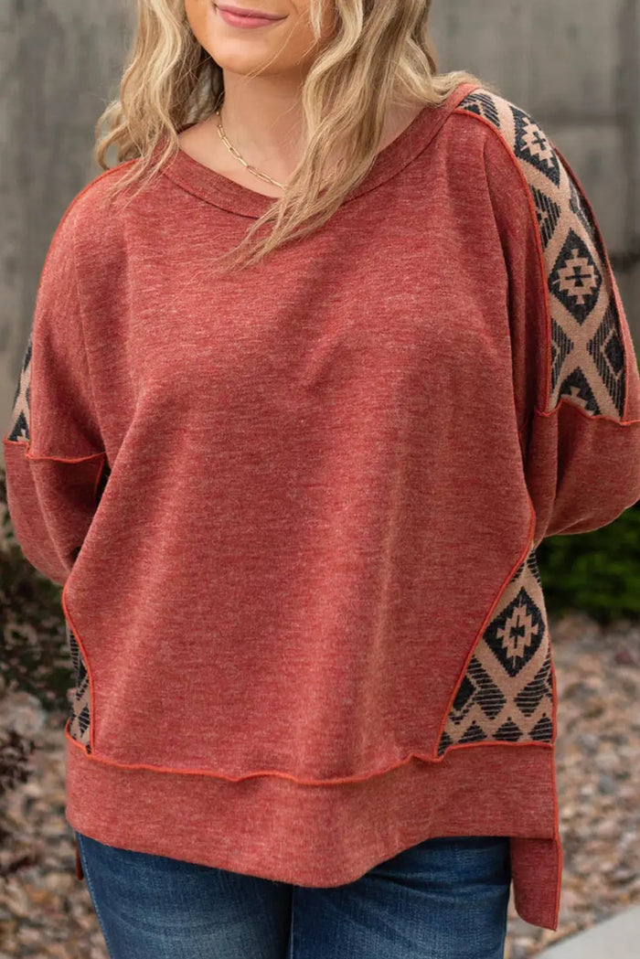 Redwood Burl Aztec Patchwork Drop Shoulder Plus Size High Low Sweatshirt - REDWOOD BURL / 1X / 75% POLYESTER + 20%
