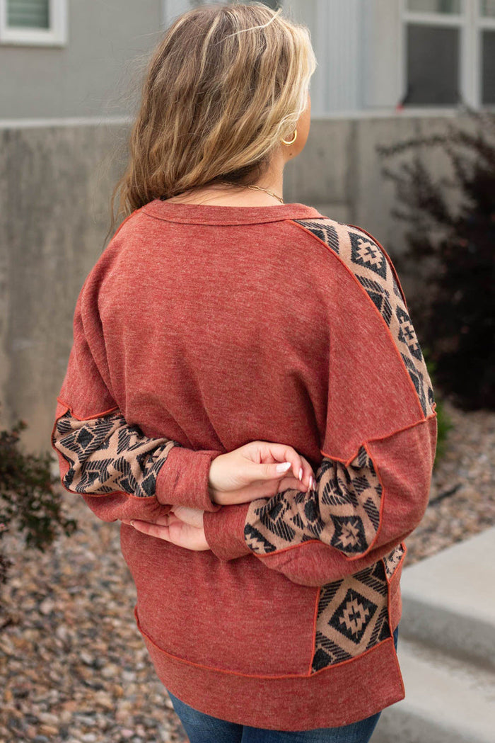 Redwood Burl Aztec Patchwork Drop Shoulder Plus Size High Low Sweatshirt - Size/Plus Sweatshirts & Hoodies